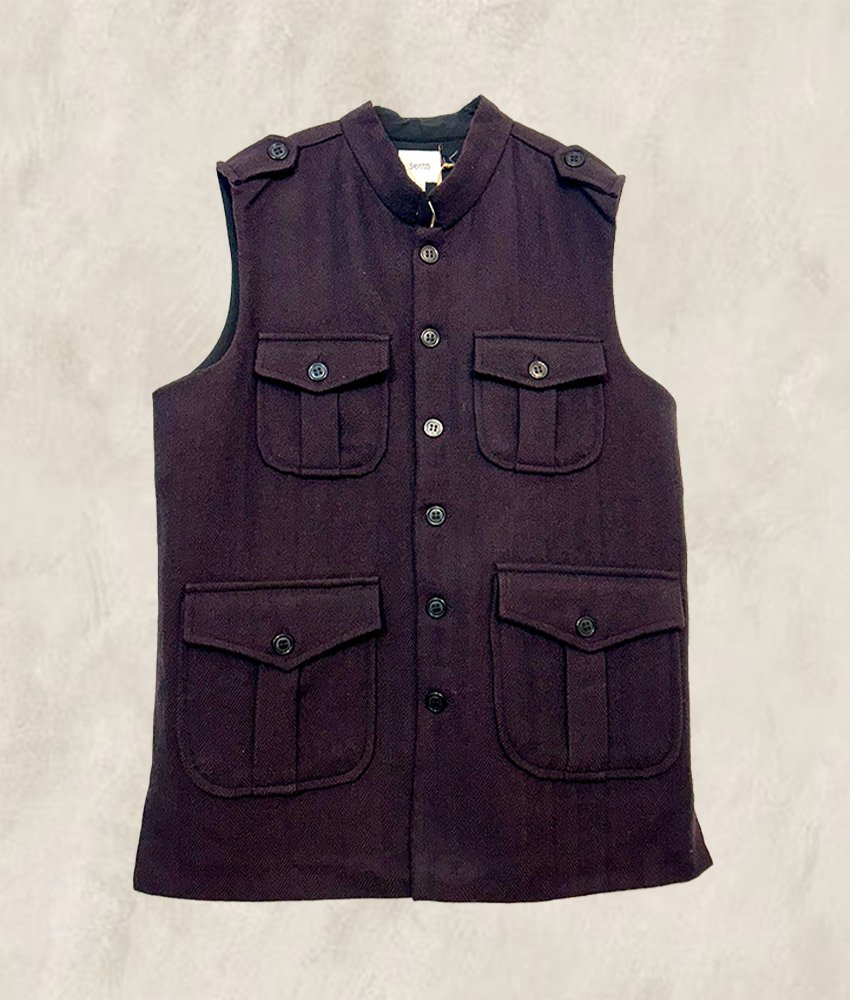 GILET NEHRU KHADI LAINE AUBERGINE