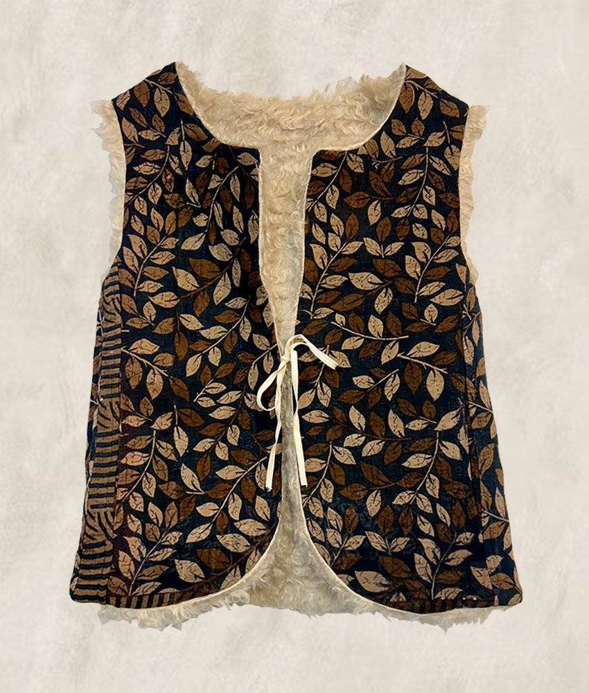 GILET KANTHA FOURRÉ  FEUILLES
