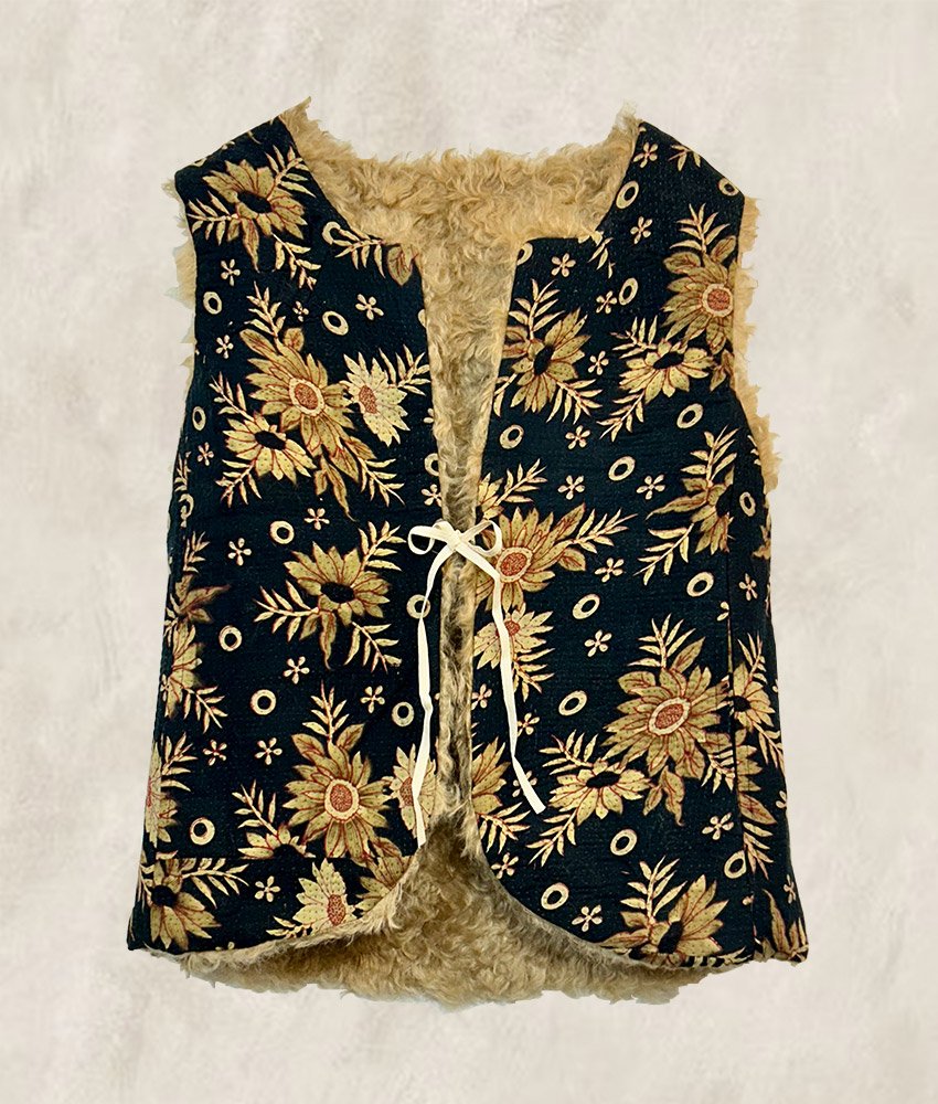 GILET KANTHA FOURRÉ  FOND ENCRE