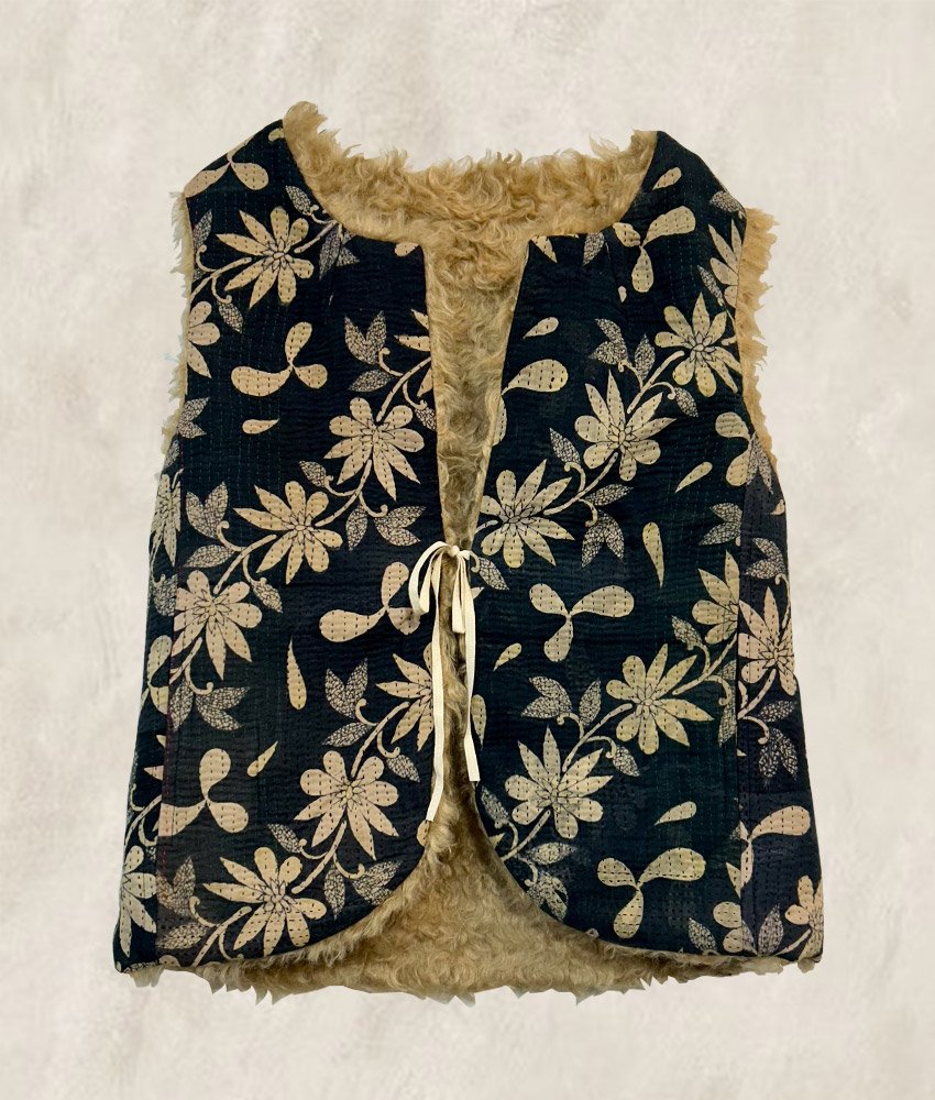 GILET KANTHA FOURRÉ  INDIGO