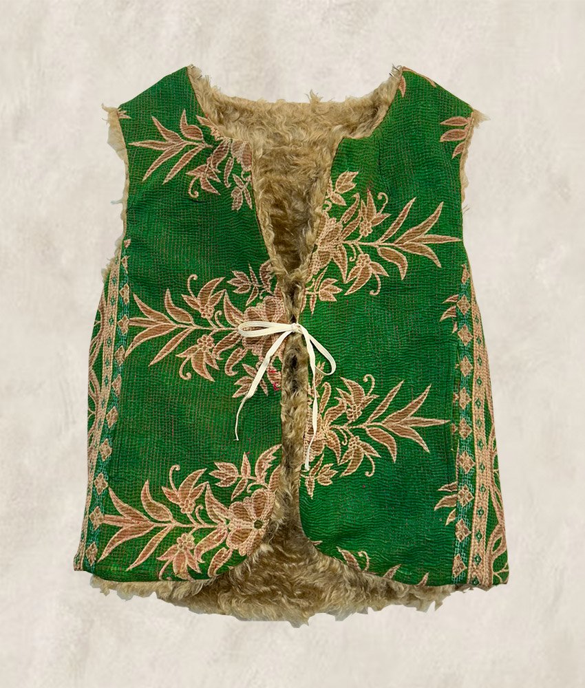 GILET KANTHA FOURRÉ  VERT TENDRE